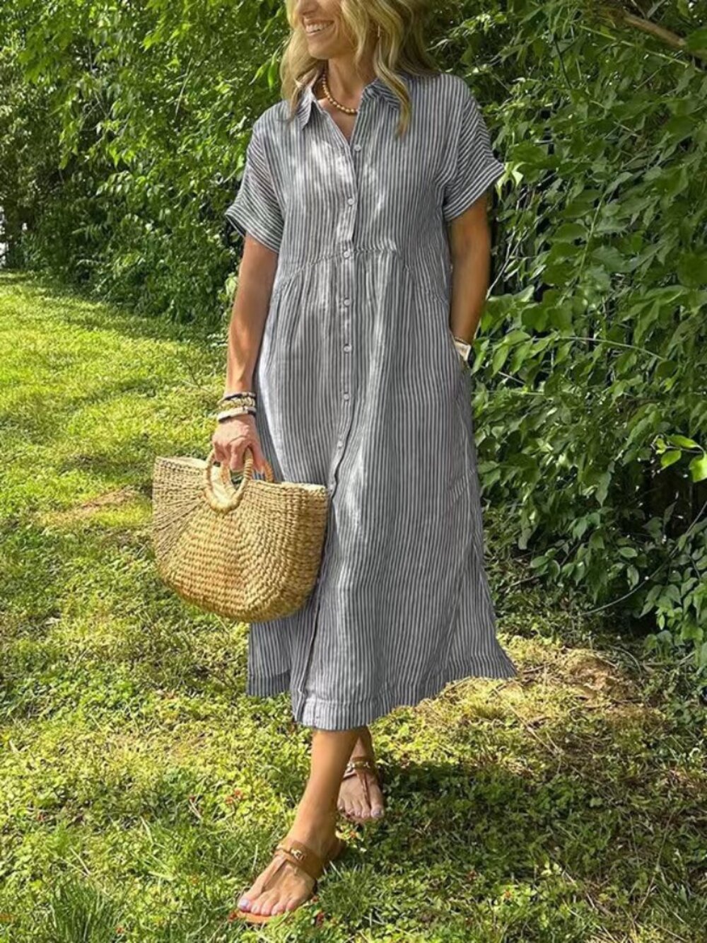 Women's Gray Striped Collared Short-Sleeve Relaxed Maxi Shirt Dress